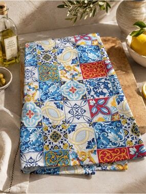 Made in Italy Mediterranean Tile Print Tea Towel | Italian Cotton Kitchen Towel